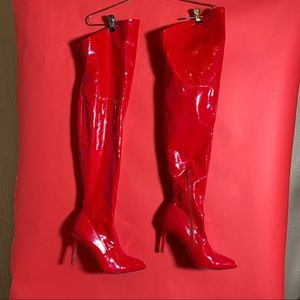 Red Over The Knee Latex Heeled Boots